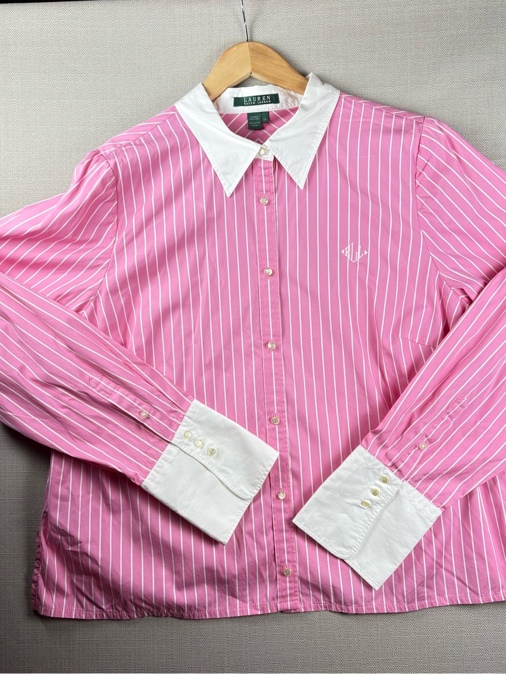 Lauren Ralph Lauren Women’s 2X Pink Striped Button Down Shirt Monogram Cotton